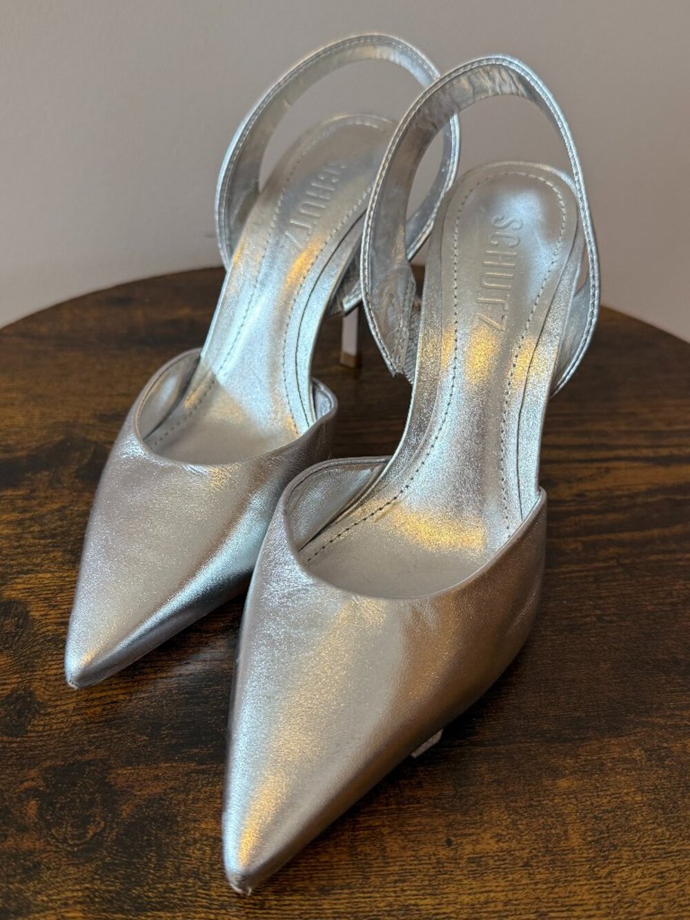 Schutz Lou Metallic Silver Pointed Toe Slingback Stiletto Heels (Size 5.5)